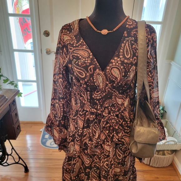 Betsy Johnson Paisley Black and Brown  Faux Wrap Dress sz 4 Boho Festival NWOT - Picture 2 of 7